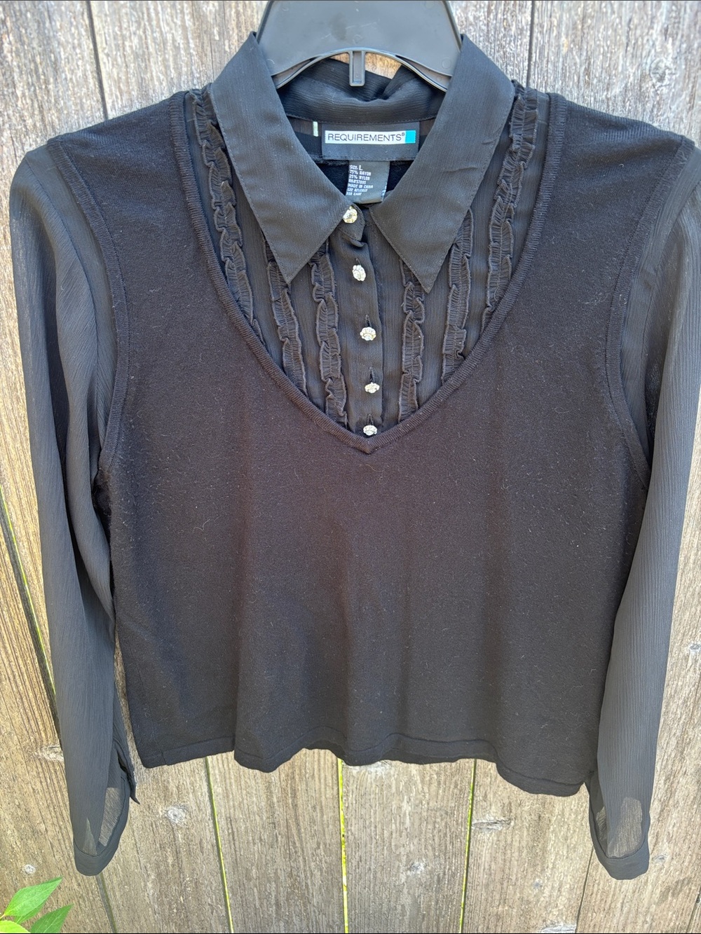 REQUIREMENTS Black Layered V-Neck Blouse with Sheer Sleeves